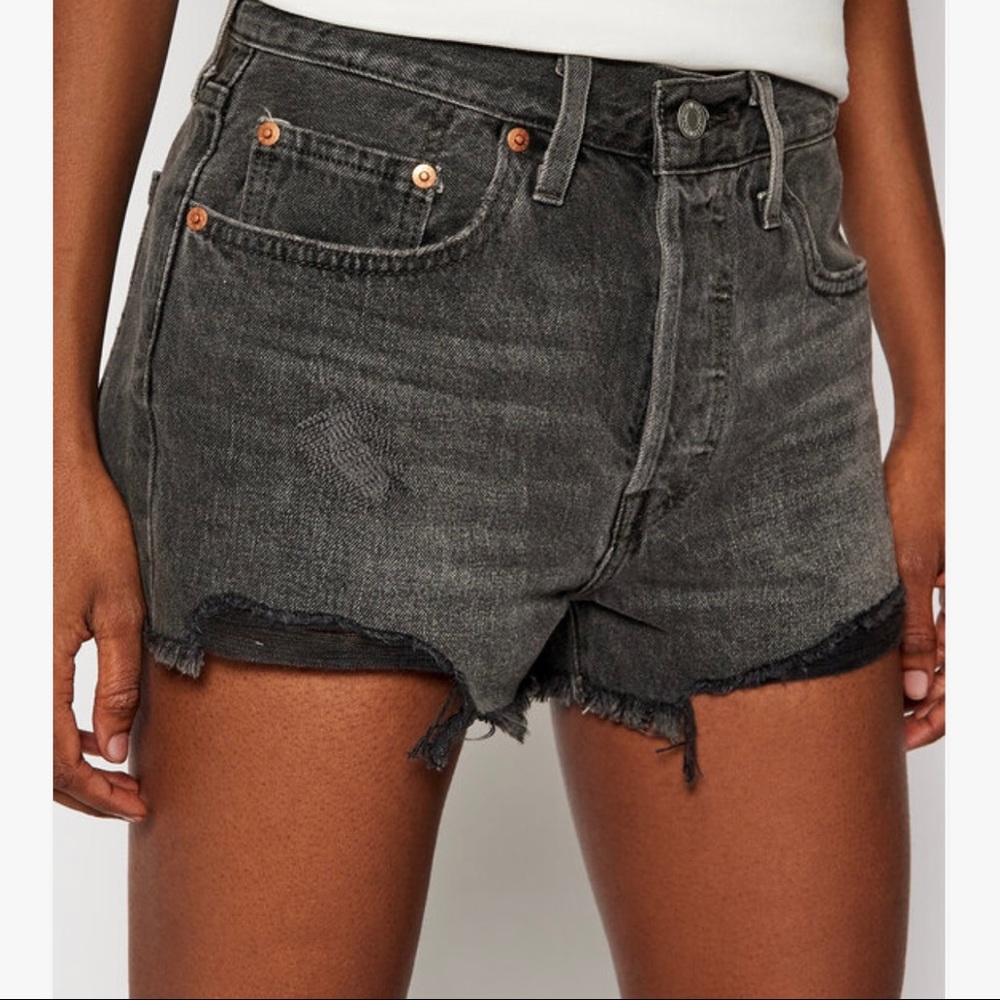 EUC Levi’s 501 Washed Black Button Fly Distressed Cutoff Denim Shorts- 28